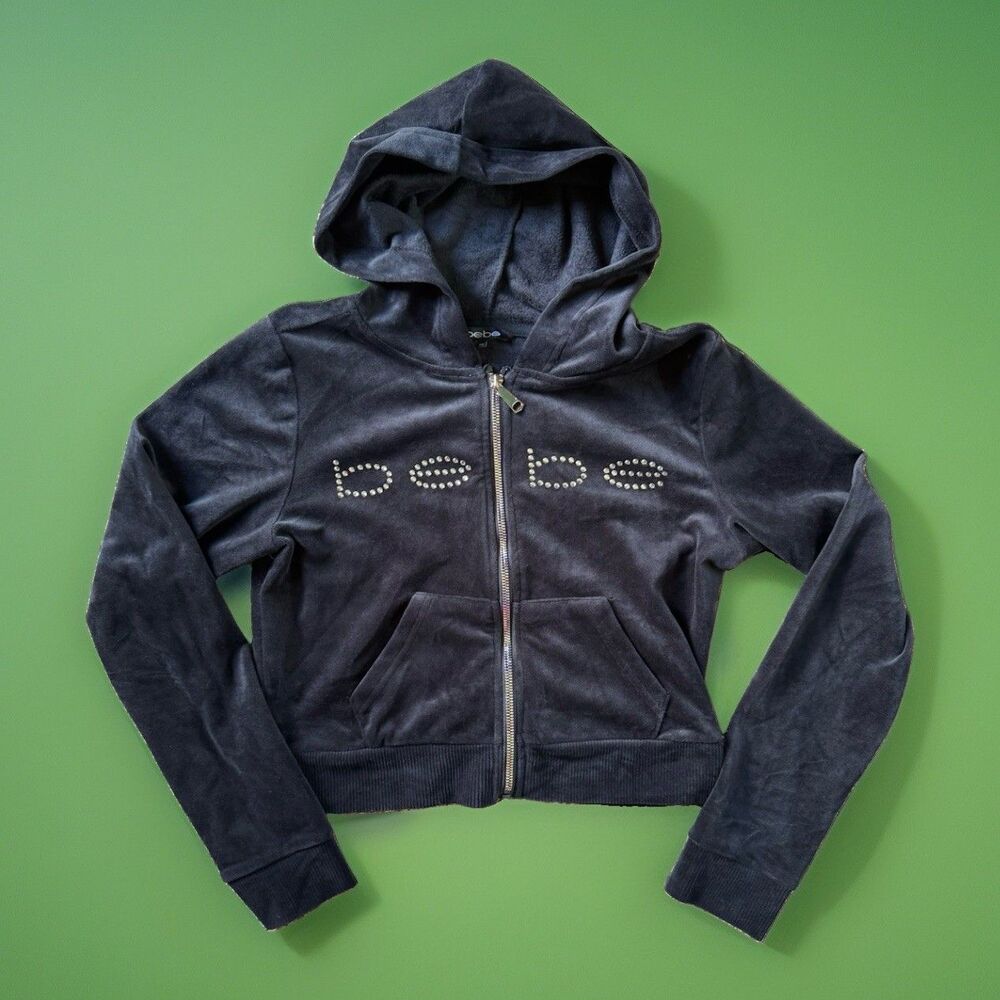 NEW Y2K 90s BEBE Velour Zip Up Velvet Cropped Track Jacket Hoodie Rhinestones M